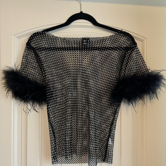 Fishnet Top with Rhinestone and Marabou Feather Detail - Picture 3 of 3